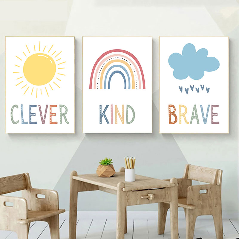 Kids Education Quote - Sevimli Güneş Gökkuşağı Bulut Kanvas Sanat