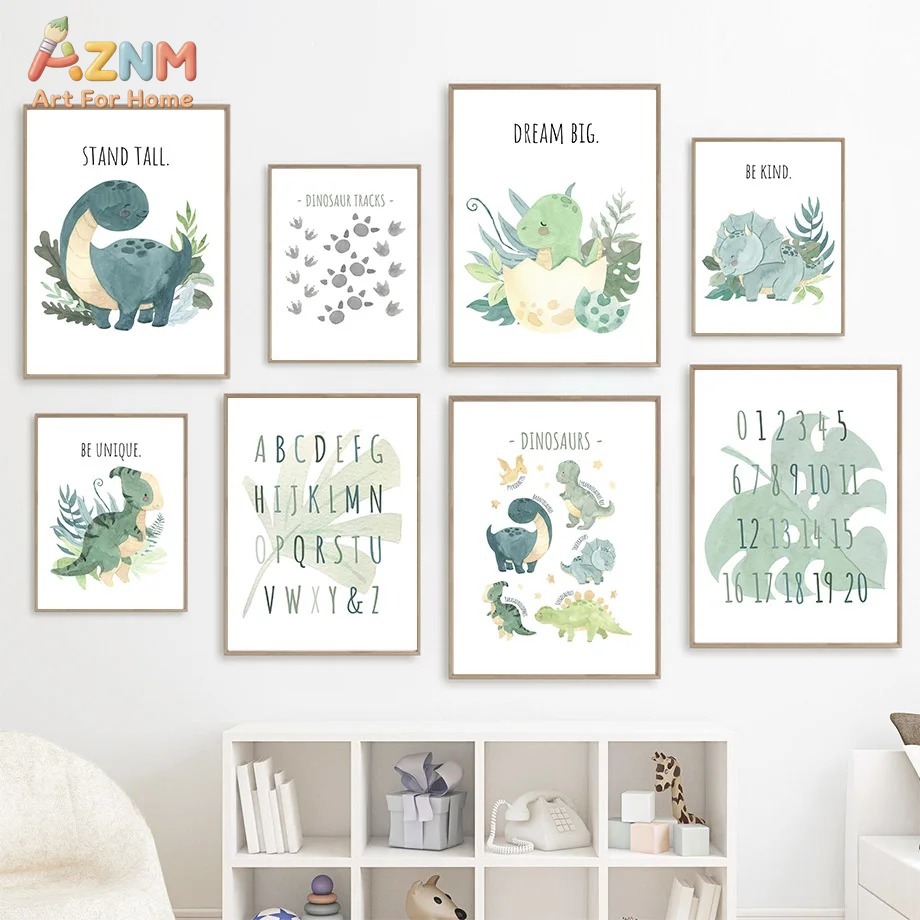 Kids Education Quote - AZNM Suluboya Dinozor Alfabe Sayı Kanvas