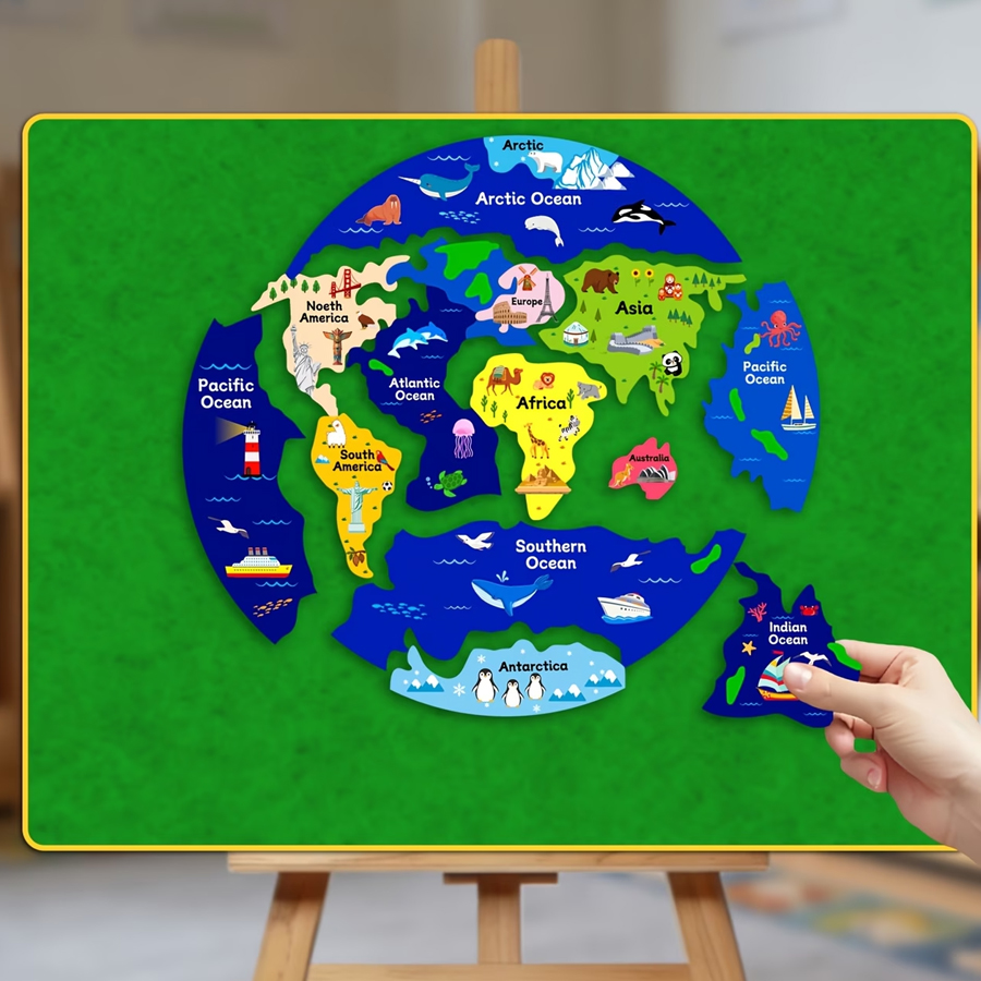 Puzzle Map World - Çocuklar İçin Keçe Dünya Haritası Yapbozu,